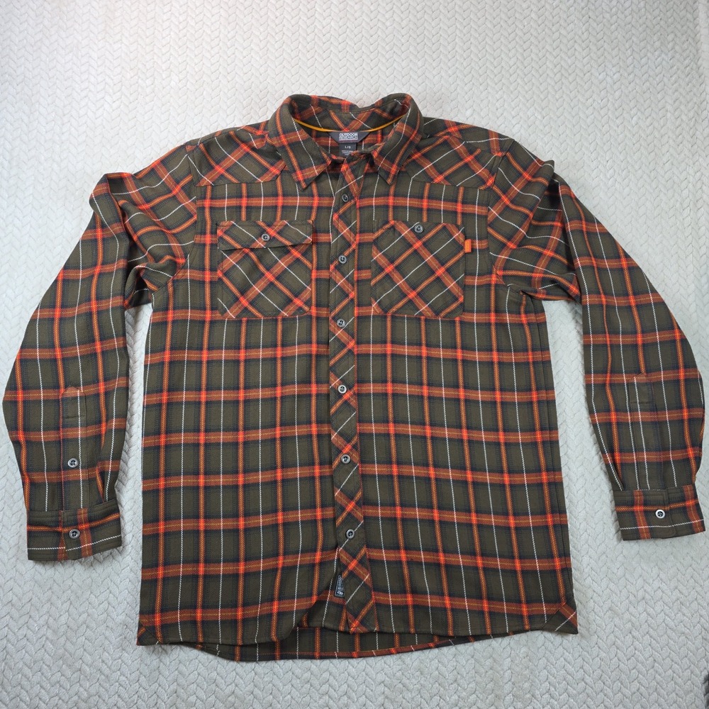 Outdoor Research Mens L Plaid Flannel Shirt Olive Green Orange Technical Button